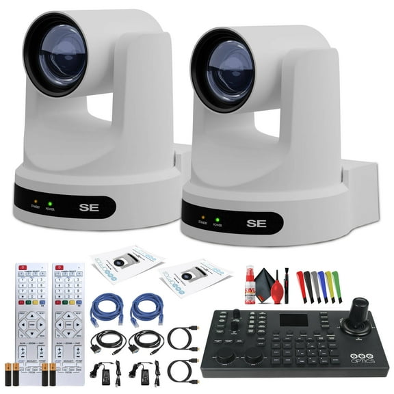 PTZOptics Move SE PTZ Camera with 30x Optical Zoom (White) (PT30X-SE-WH-G3) (2-Pack)   PTZOptics SuperJoy PTZ Joystick Controller   Lens Cleaning Kit   HDMI Cable   Ethernet Cable   Color Wire Ties