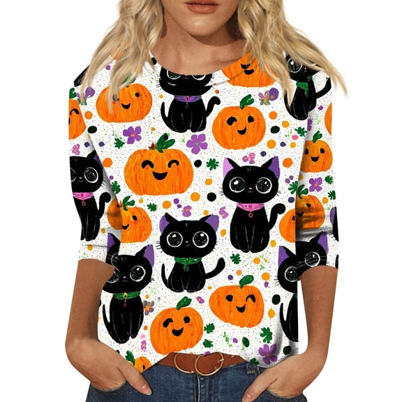 3/4 Length Halloween Shirt Ladies' Halloween Top Halloween Shirts for Women Halloween Clothing Cute Halloween Ghost Shirt Halloween Tee Fall Shirts Plus Size Tops Crew Neck T Shirts