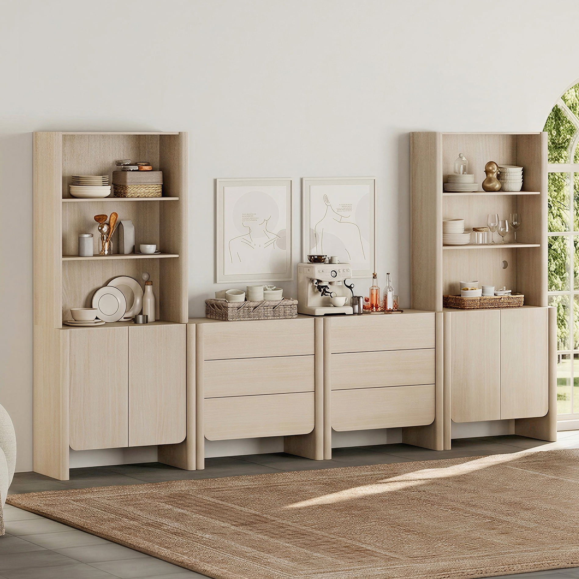 Modern French TV Stand with Bookshelves, 126-Inch Media Console, Doors, Drawers and Open Shelving, Supports TVs up to 70 Inches, Beige