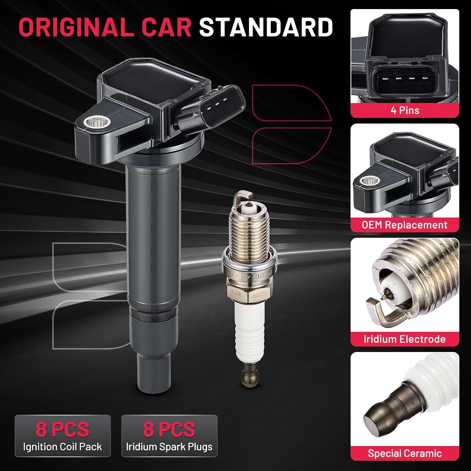 BDFHYK Ignition Coil Pack and Spark Plug Set of 8 Compatible with Lexus GS430 GX470 LS430 LX470 SC430 4Runner Land Cruiser Sequoia Tundra 4.3L 4.7L V8 Replacement for UF493 4504,Set of 4