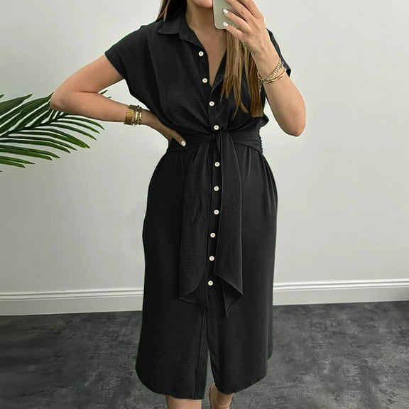 DailyTrove Women's Short Sleeve Button-Front Midi Dress, Solid Color, Summer Casual & Work Wear, Flattering Fit