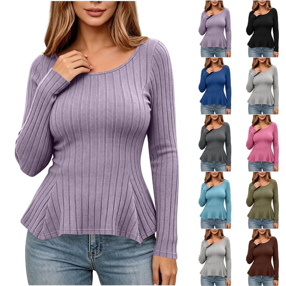 VBVC Women's Crew Neck Ribbed Peplum Top , Ladies' Fitted Fall Winter Long Sleeve Shirt , Stretch Casual Tunic Tee For Women, S-2XL
