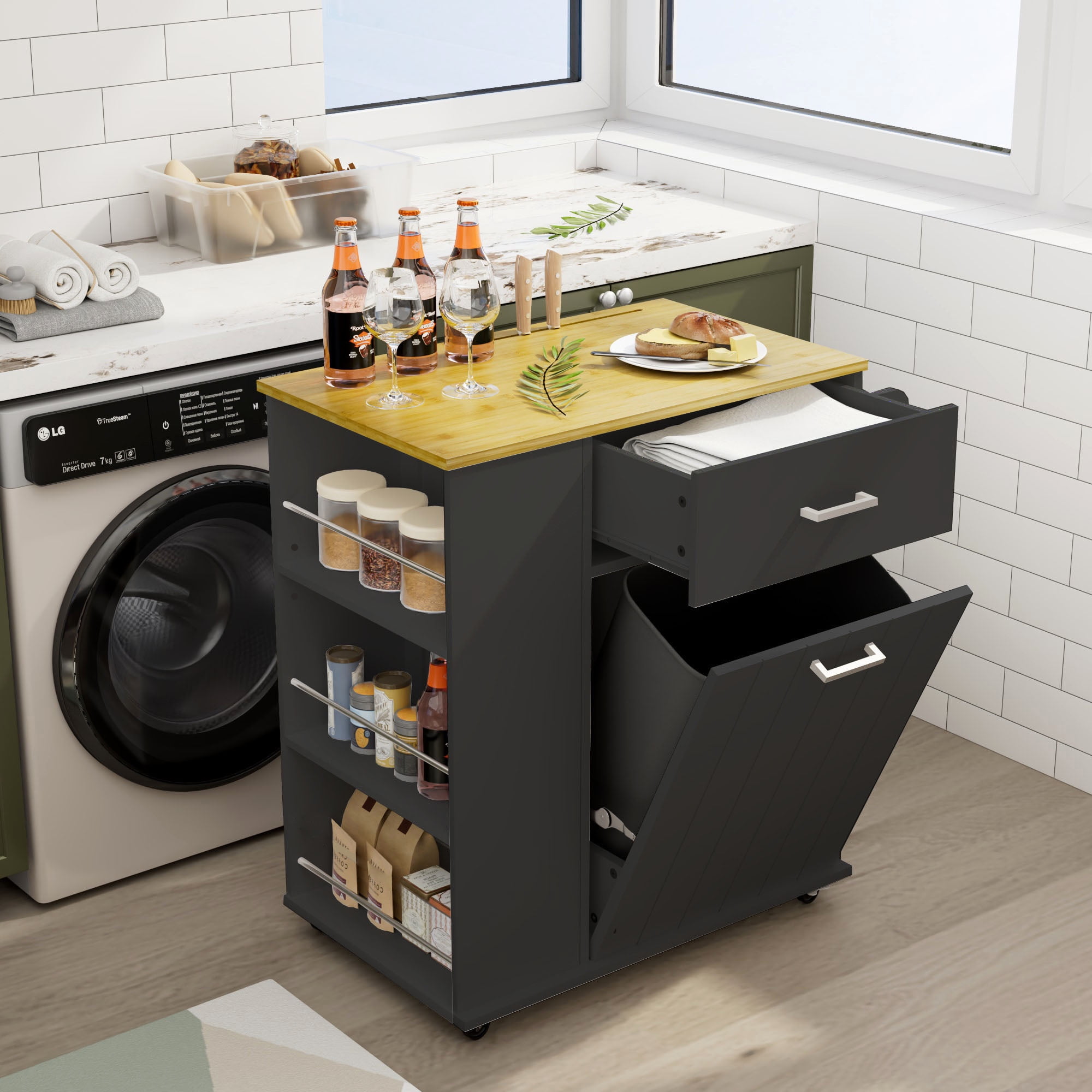 Glavbiku Rolling Kitchen Island Cart with Tilt-Out Trash Bin Cabinet & Drawer for Kitchen,Black