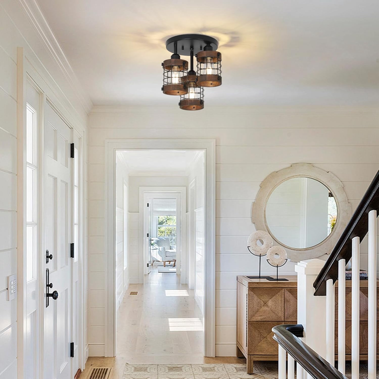 3-Light Farmhouse Semi Flush Mount Ceiling Light, Black & Wood Cage Ceiling Fixture with E26 Base, Industrial Close to Ceiling Lighting for Kitchen, Hallway, Entryway, Bedroom, Porch, Dimmable, 9.8"