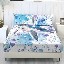 COEQINE Queen Sheets 3 Pieces Bed Sheets Set, Soft Fade Resistant Easy Care Bedding Set All Season Wrinkle Free Bottom Bedsheet for Queen Size Bed, Sea Turtle Splash Blue