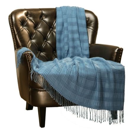 Chanasya Pleated Solid Plaid Acrylic Throw Blanket With Tassels - Lightweight and Super Soft Modern Woven Blanket for Couch, Home, Living Room, and Bedroom Décor (50x65 Inches) Blue