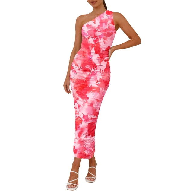 Vestido PRETTYGARDEN de un Hombro Fruncido Floral Rosa XXL