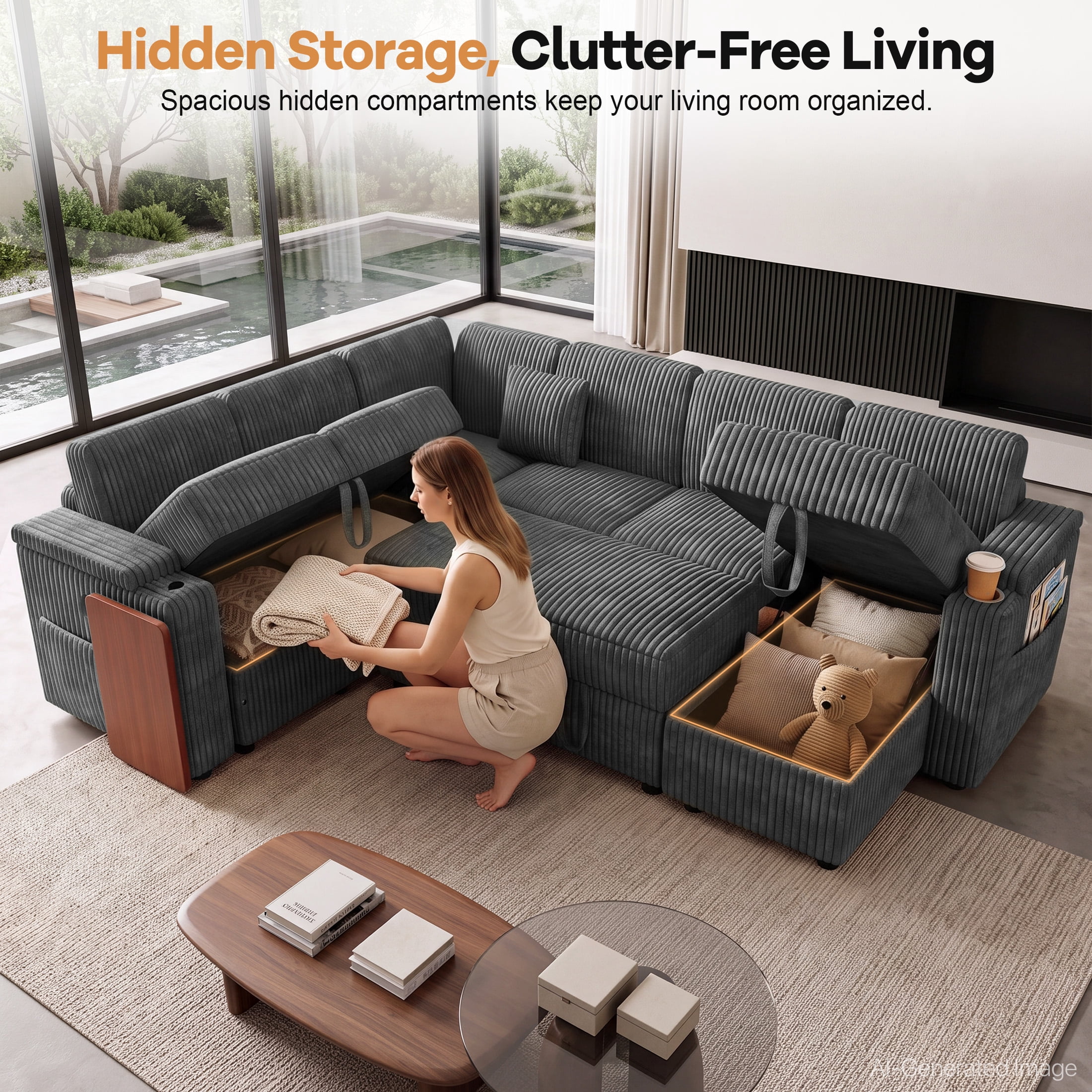 Aenkyo 7-Seat Corduroy U-Shaped Sectional Sleeper Sofa Bed with Storage Chaise and USB Charging, Gray