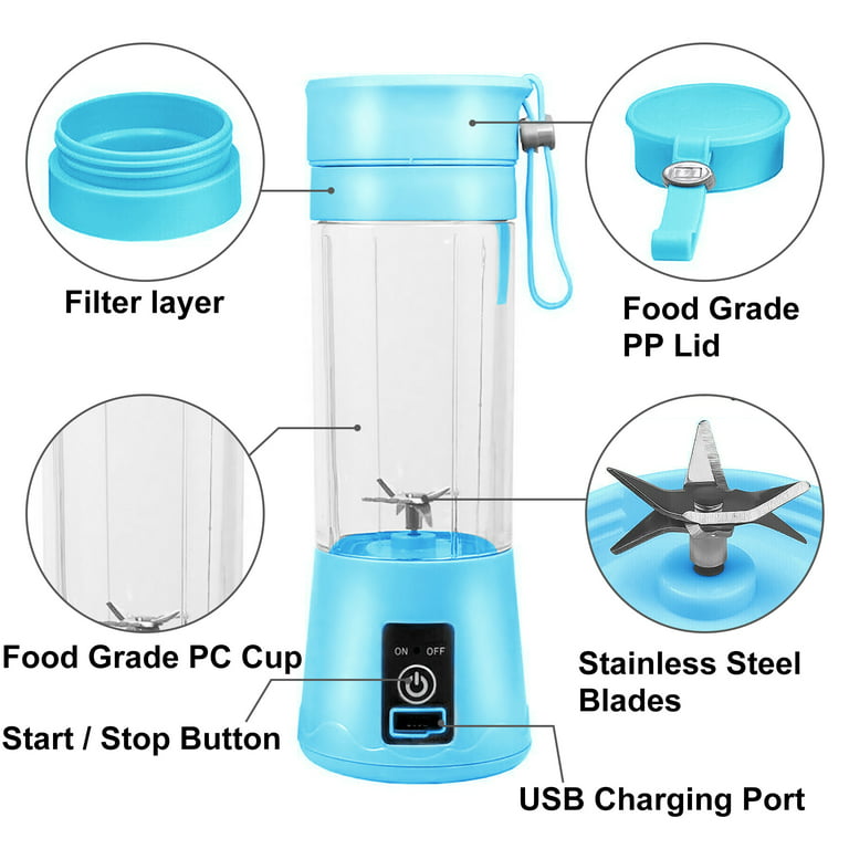Youloveit 380ml Portable Juicer Cup Mini Blender Smoothie Blender Personal Blender Travel Juicer Bottle USB Rechargeable with Stainless Steel 6-Blades