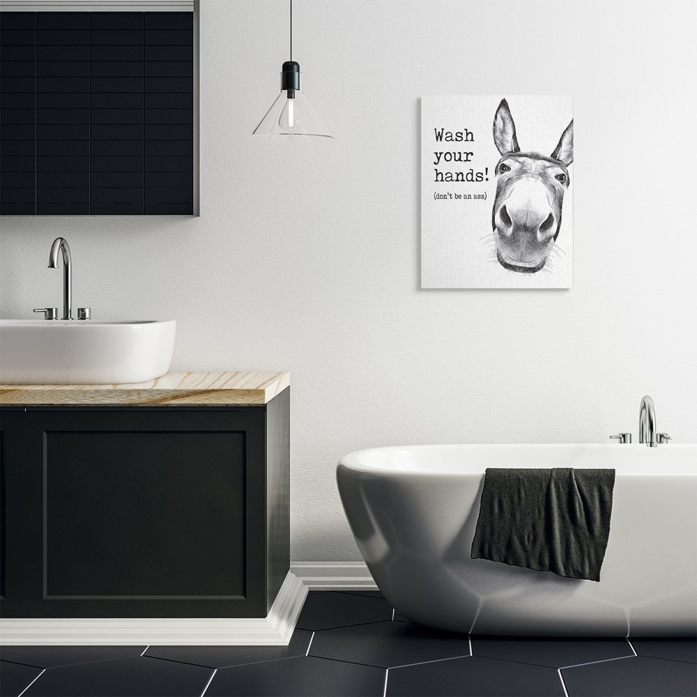 Stupell Industries Wash Your Hands Donkey Quote Bathroom Animal Humor Canvas Wall Art Design by Lettered and Lined, 24" x 30"