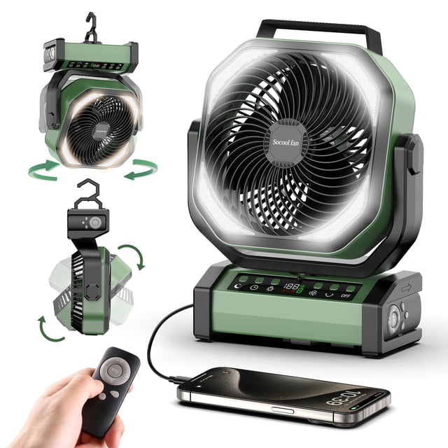 Socool Ventilador de camping con luz – Ventilador de batería recargable de 20000 mAh, tiempo de funcionamiento máximo de 112 horas, 9 velocidades, pantalla digital, temporizador, oscilación automática