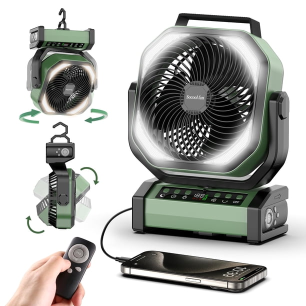 Socool Ventilador de camping con luz – Ventilador de batería recargable de 20000 mAh, tiempo de funcionamiento máximo de 112 horas, 9 velocidades, pantalla digital, temporizador, oscilación automática