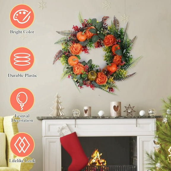 Zorpupoa Fall Wreath for Front Door, 17.71in Halloween Artificial Wreath with Pumpkin Mixed Leaves Berries Flowers for Indoor Outdoor, Orange-Green