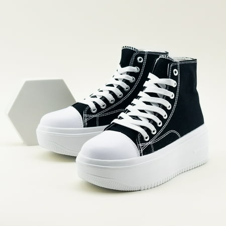 

Women‘s Platform High Top Sneakers Black Round Toe Lace-up Canvas Shoes Casual Height Increasing Shoes