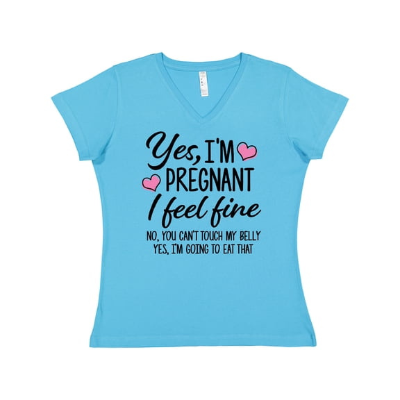 Inktastic Yes I'm Pregnant I Feel Fine No You Cant Touch My Belly Women's V-Neck T-Shirt