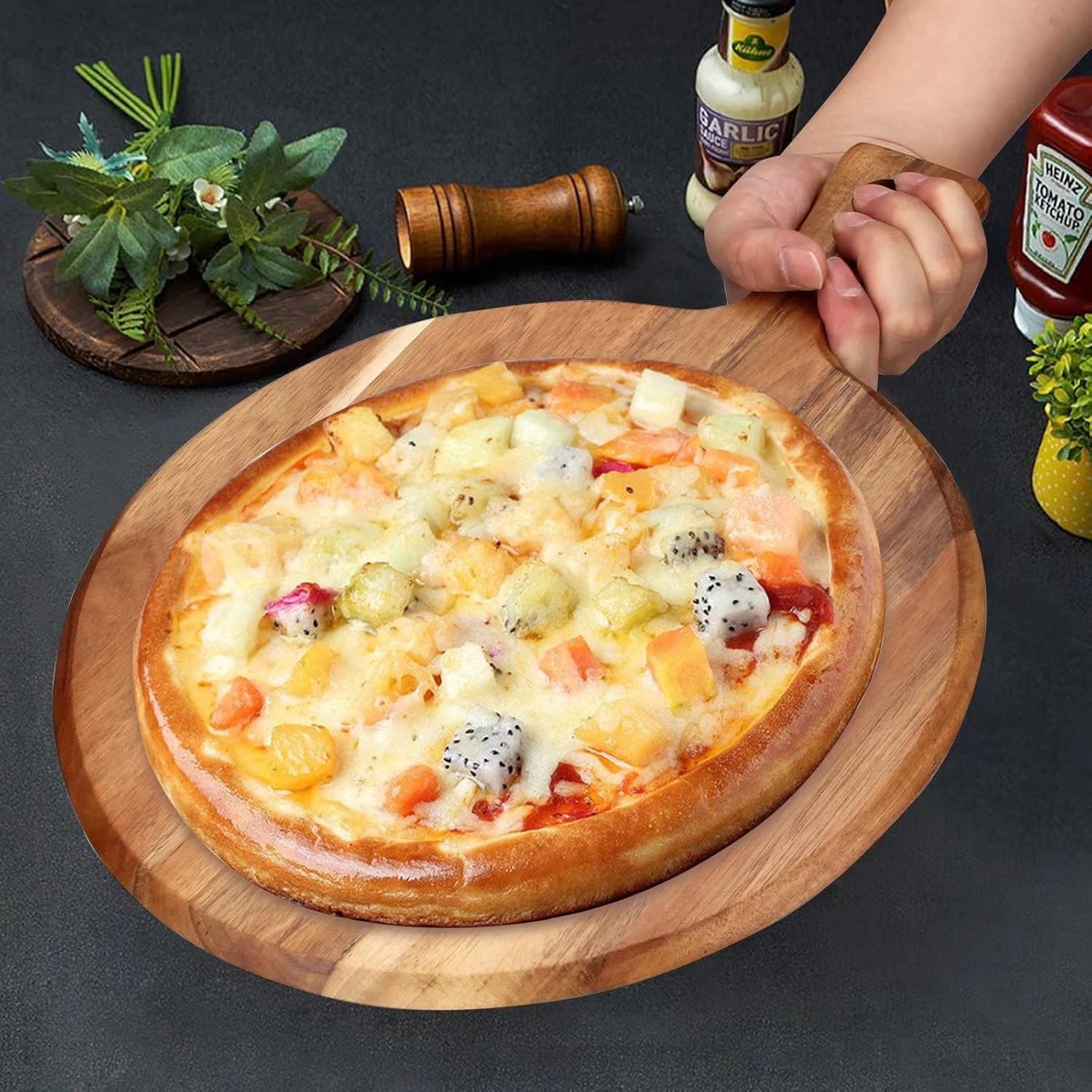 Wood Cutting Board with Handle Wooden Chopping Board Paddle Round Cutting Boards for Kitchen Meat Bread Serving Board Charcuterie Boards Chopping Blocks Circular Circle Pizza Cheese Board