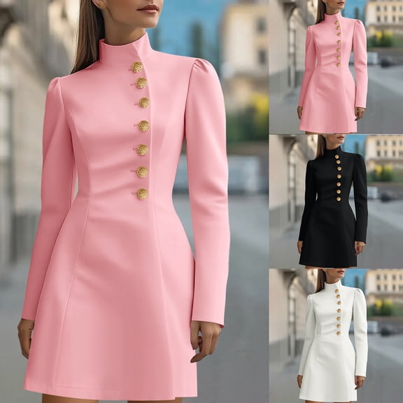 SMihono Stand Collar Wear to Work Dresses for Women Long Sleeve Elegant Cocktail Party Formal Church Office Sheath Dress Black XXL