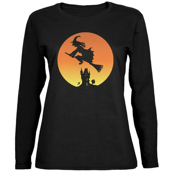 Halloween Witch Sunset Black Womens Long Sleeve T-Shirt - Medium