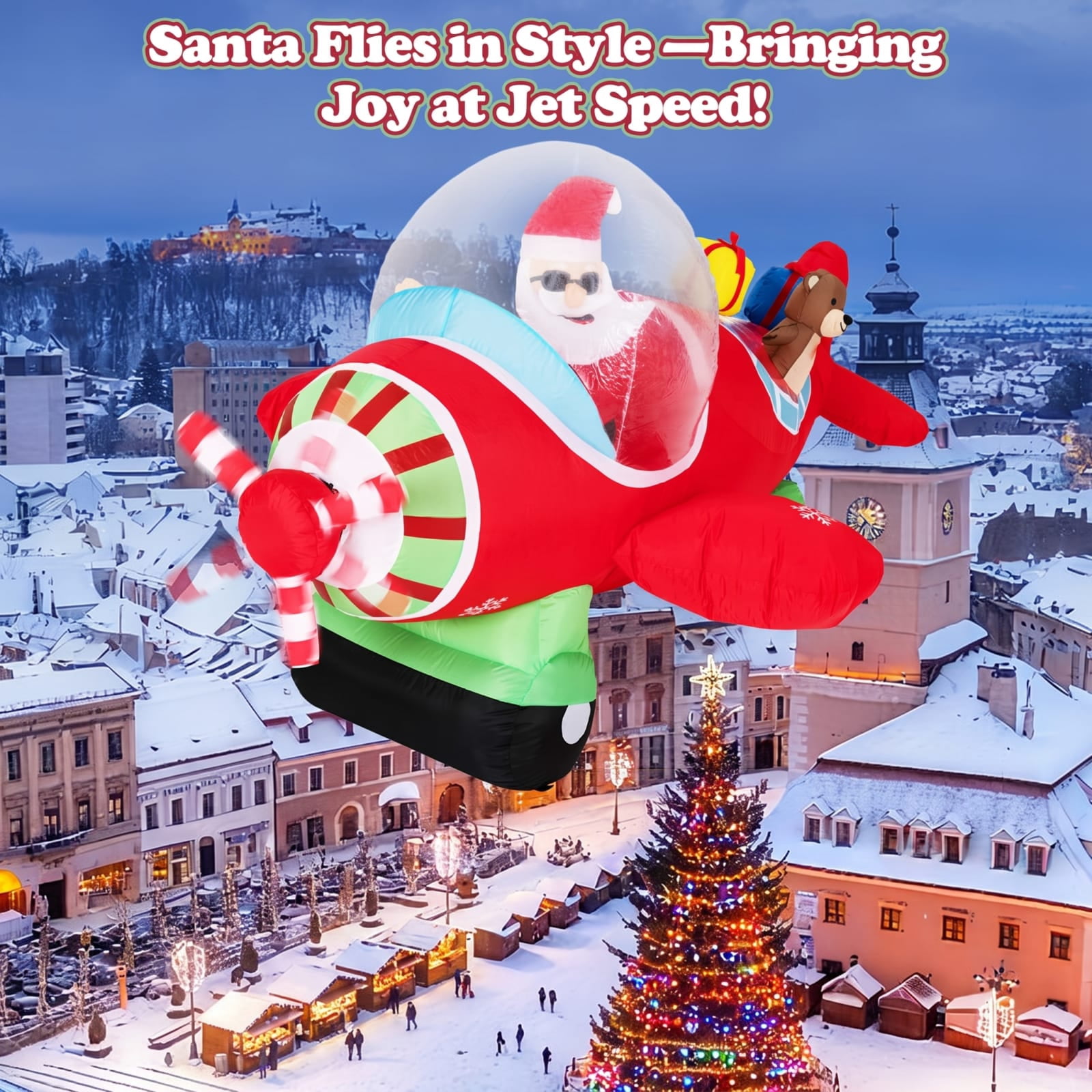 RUIE 7.2 FT Christmas Inflatables, Blow Up Santa Airplane with Bear and Gift Boxes, LED Lighted Outdoor Yard Decorations for Lawn - Multicolor