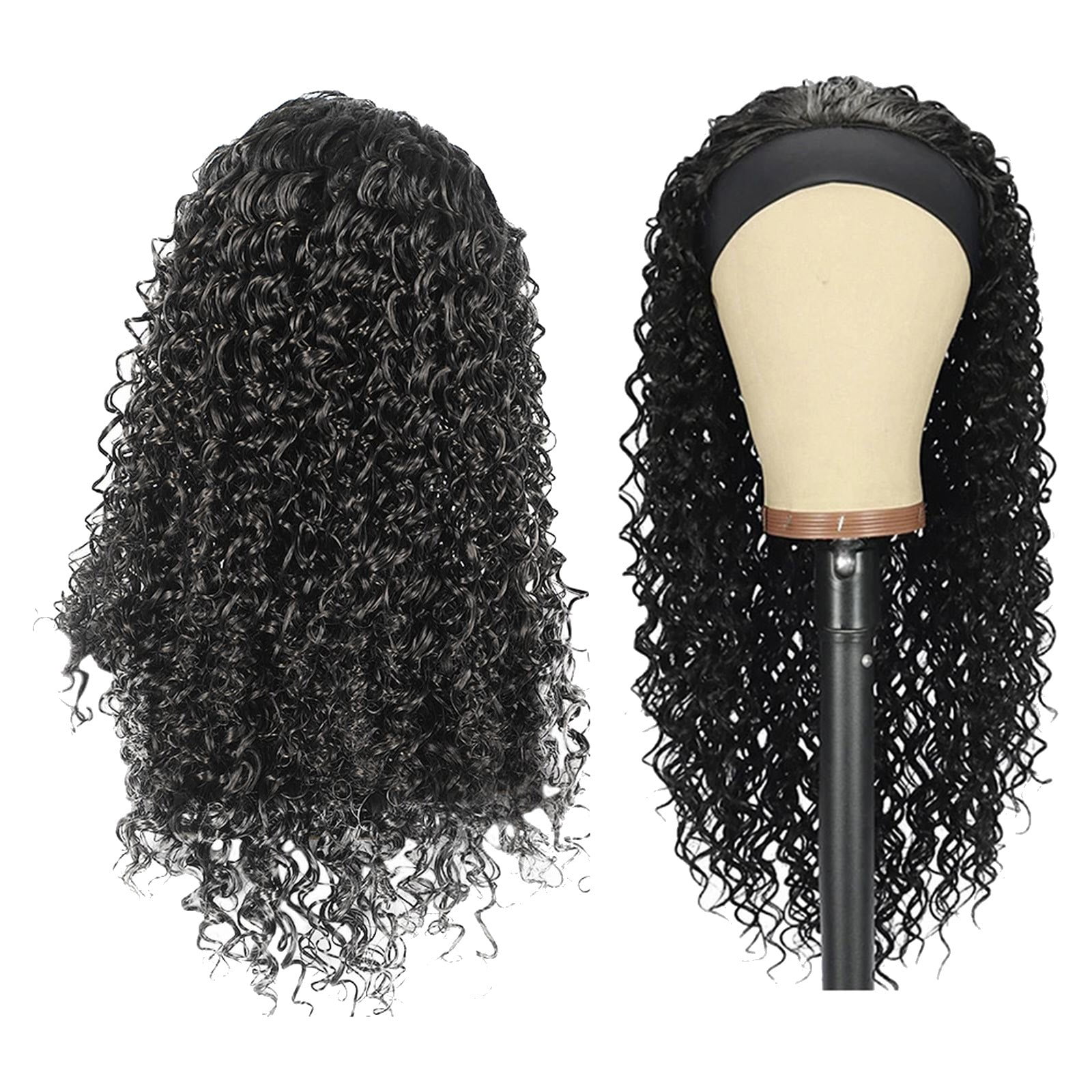 Headband Wig Human Hair Water Wave, Glueless Curly Human Hair Wig with Pre Attached Scarf, Wear and Go Wigs for Black Women(BK3,One Size)