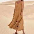 thumbnail image 2 of Robes en Lin Grande Taille pour Femmes Sans Manches à Col Rond à Imprimé Floral Boho Hawaïennes Robe d'Été Décontractée Légère Fluide Midi avec Poches Robe Brune, Taille P-5TG, 2 of 6