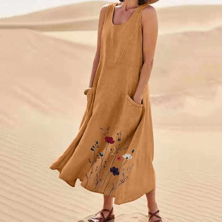 Plus Size Linen Dresses for Women Sleeveless Crew Neck Floral Print Boho Hawaiian Dress Summer Casual Lightweight Flowy Midi Dresses with Pockets Brown Dress,Size S-5XL - Walmart.com Plus Size Linen Dresses for Women Sleeveless Crew Neck Floral Print Boho Hawaiian Dress Summer Casual Lightweight Flowy Midi Dresses with Pockets Brown Dress,Size S-5XL - Walmart.com