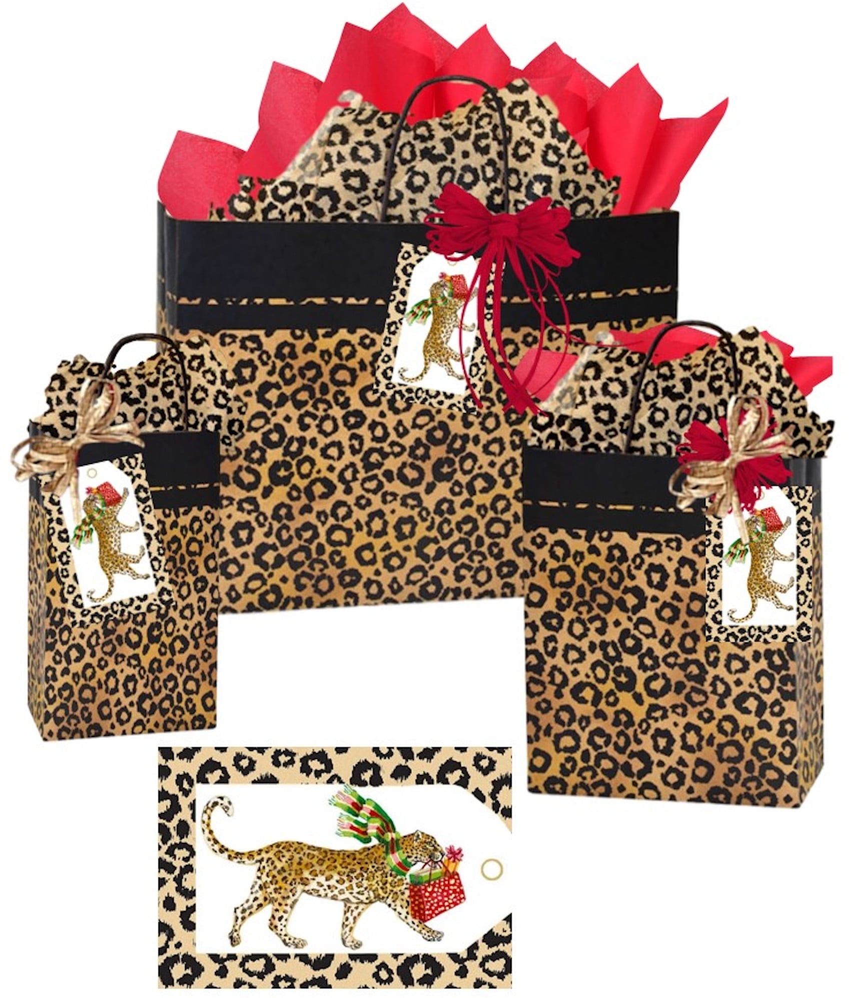 CHRISTMAS LEOPARD Gift Bags with Handles - Gift Bags with Matching Tissue Paper and Gift Tag