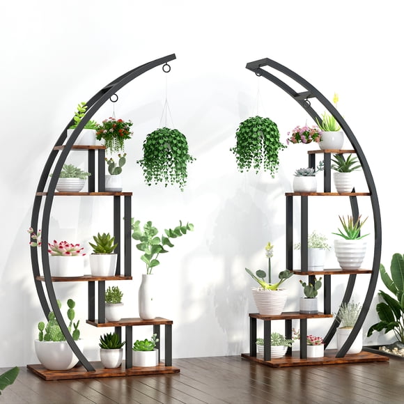OUTWIND Tiered Plant Stand Indoor with Hook, Curved Ladder Flower Stand Indoor, Metal Plant Shelf for Living Room Bedroom Hallway Office, 5 Tier