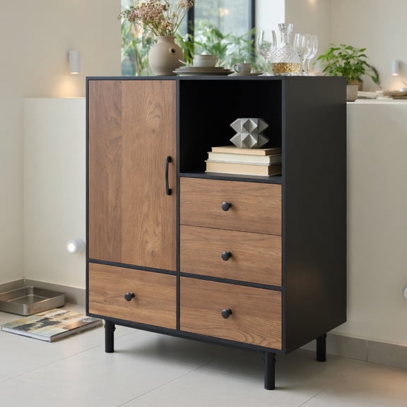 Topcobe Buffet Sideboard Mid Century Modern Storage Cabinet with 4 Drawers and Open Compartment, Modern Furniture for Dining Room, Practical, Easy to Assemble-Black
