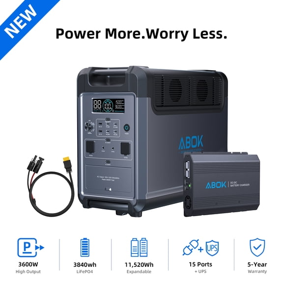 ABOK 3600W Portable Power Station, 3840Wh LiFePO4 Solar Generator with 500W DCDC Car Fast Charger for RV, Camping, Road Trips & Off-Grid Power