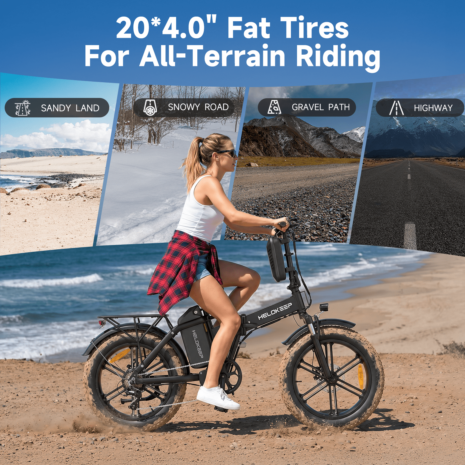 Helokeep CM20-G 20x4 Fat Tire Folding Electric Mountain Bike, Unisex Design, Disc Brakes, 750W/1500W, 48V 25Ah, 7-Speed, UL 2849 Certified, White