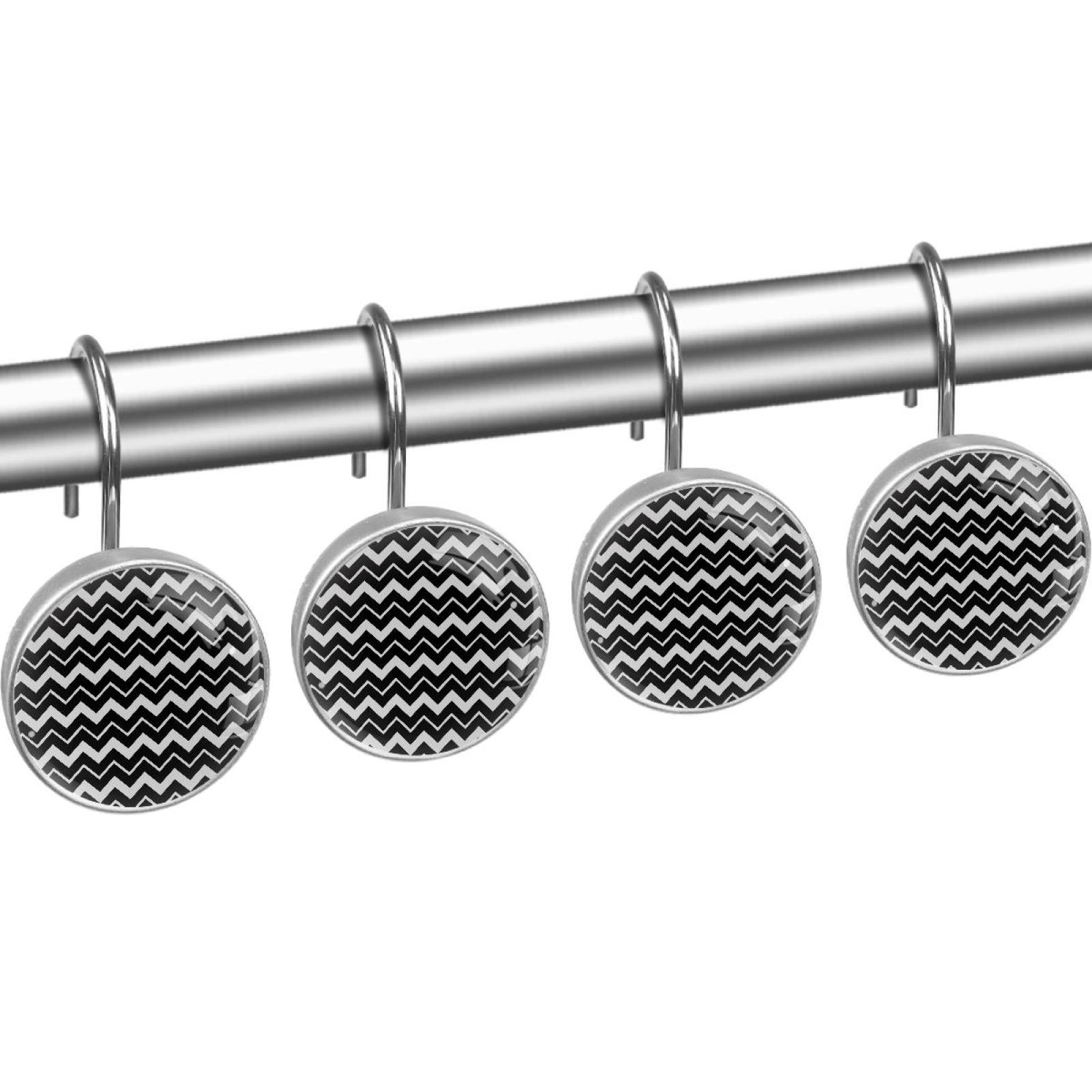 Black and White Stripes Shower Curtain Hooks（Set of 12）for Home Hotel Shower Rods Bathroom Crystal Glass Print Stainless Steel Round Curtain Hooks