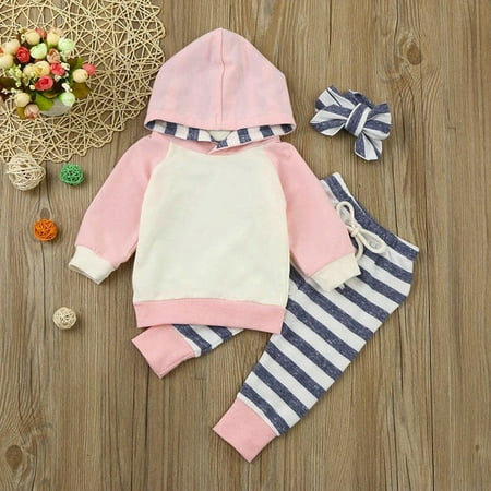 

QISIWOLE Toddler Kids Girls Stripe Print Cotton Clothes Hoodies Cute Bow Three-piece clearance under $10