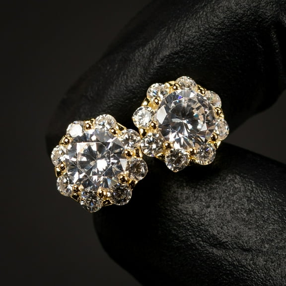 Men's Women's Large Gold 925 Sterling Silver Iced Cz Hip Hop Flower Cluster Earrings