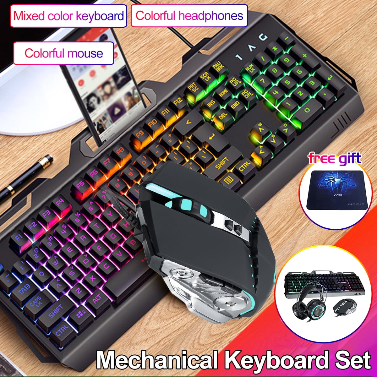 Gaming Keyboard and Backlit Mouse and Headset Combo, USB Wired Backlit