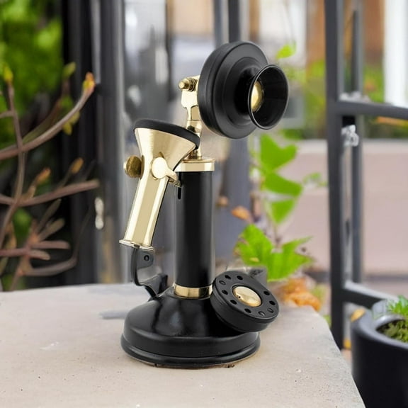 Decor Antique Vintage Style Candlestick Telephone Black and Gold Rotary Dial Design Non-Working 9 inchs