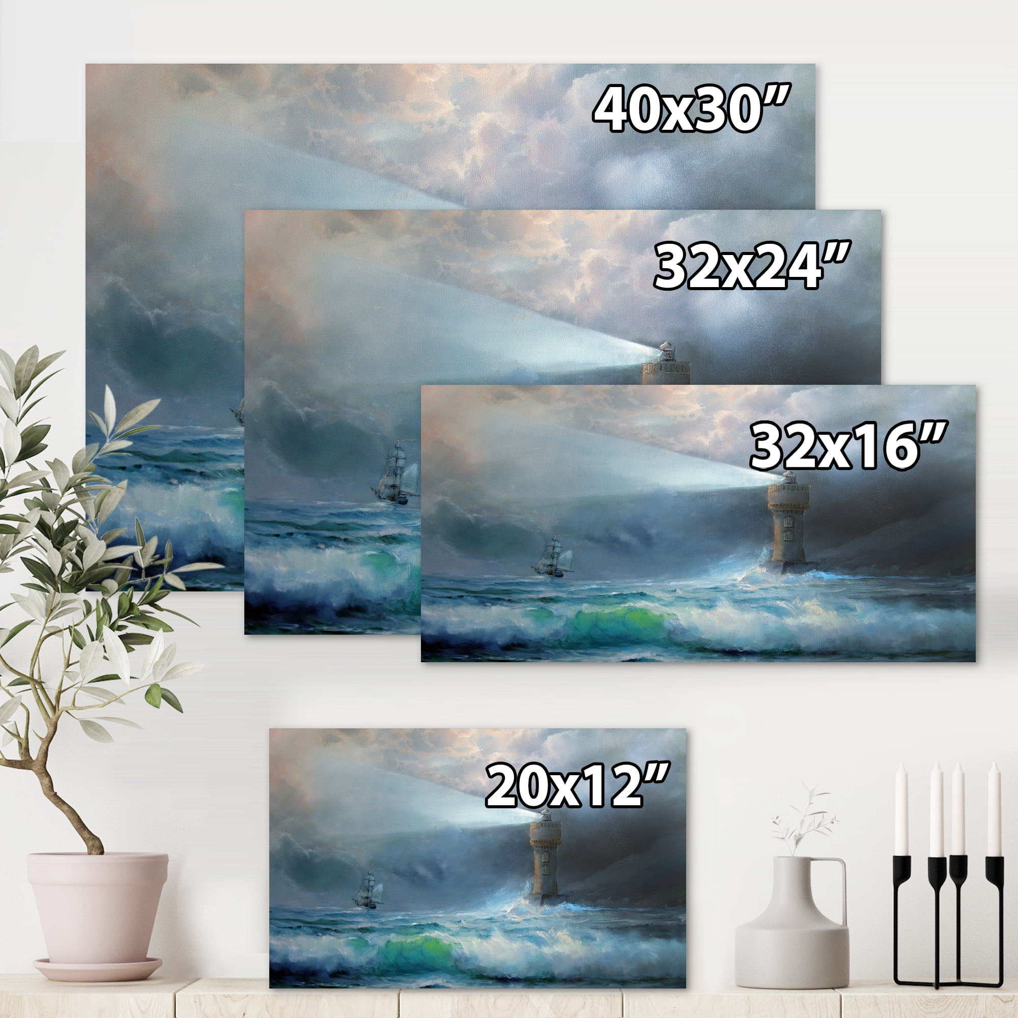 Designart ' Lighthouse Shining Light During Stormy Clouds Night II ' Nautical & Coastal Canvas Wall Art Print