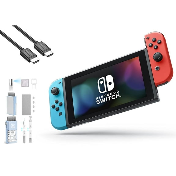 Pre-Owned Nintendo Switch - Neon Blue and Neon Red Joy-Con with HDMI Cable BOLT AXTION Cleaning Kit Bundle