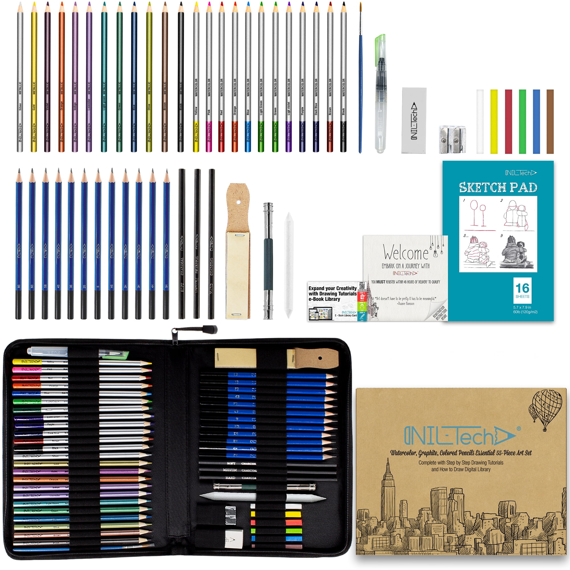 Colored 55 Piece Drawing and Sketch Set Includes Graphite Charcoal,Sketch Pencils,Eraser & More 