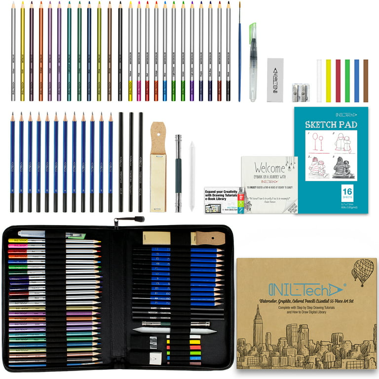 NIL-Tech Watercolor Pencils Set - 55 Piece Kit for Sketching and