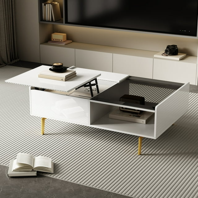 Coffee table, high-gloss white, side table, coffee table with glass and LED effect, with glass top and storage compartment