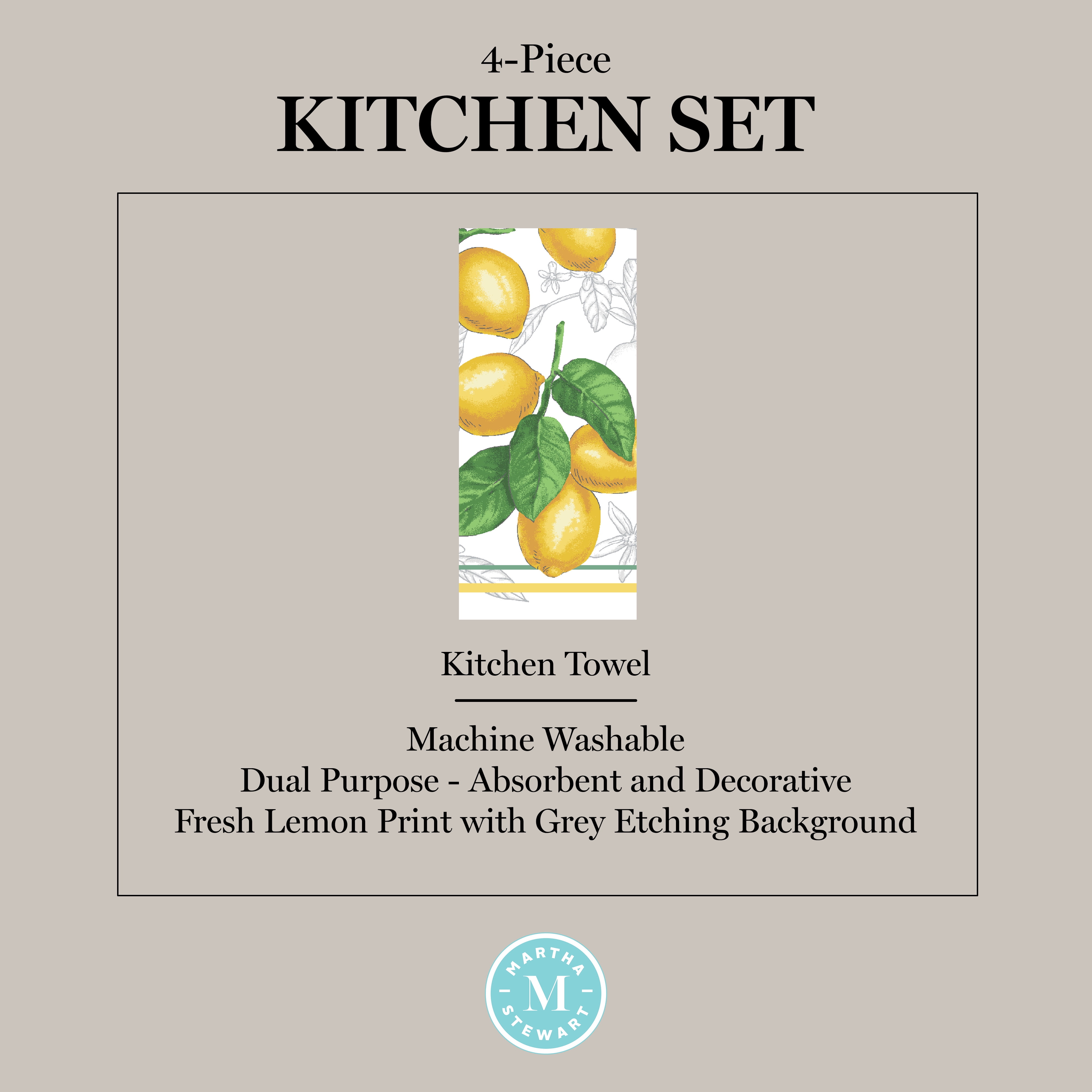 Martha Stewart Lots of Lemons Modern Kitchen Towel, Oven Mitt & Potholder Set 4-Pack, White-Yellow, 2KT: 16"x28", OM: 7"x13", PH: 7"x10"