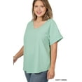 thumbnail image 3 of Zenana Plus Size V-Neck Heavy Dobby Boat Neck Rolled Short Sleeve Blouse Top, 3 of 4