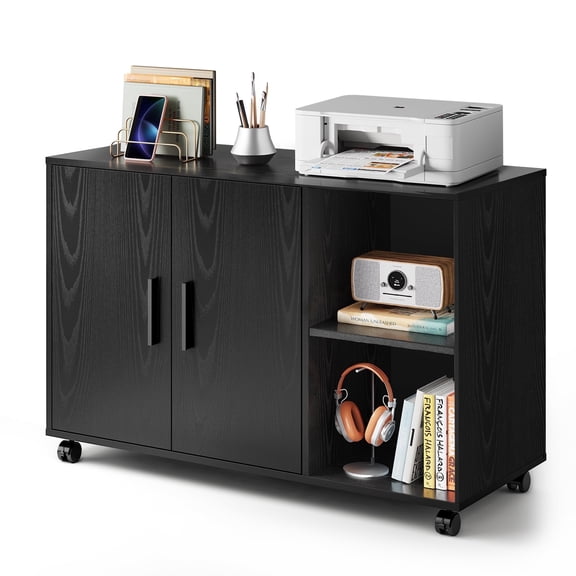 GALAXHERO Rolling Storage Cabinet with Doors, Wood Printer Stand, Filling Cabinet Furniture with Shelves, Black
