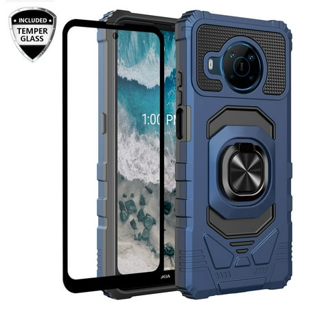 Ring Kickstand Phone Case for Nokia X100 w/Tempered Glass Screen Protector for Car Mount Hybrid Hard PC Soft TPU Shockproof Protective Case - Blue