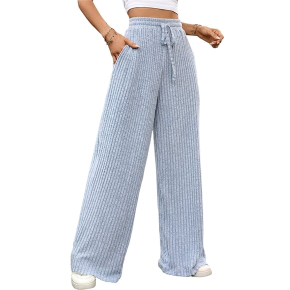 Pantalones de Pijama Holgados de Punto Suave con Bolsillos y Pernera Acanalada para Mujer con Cordón Ajustable. Azul XL