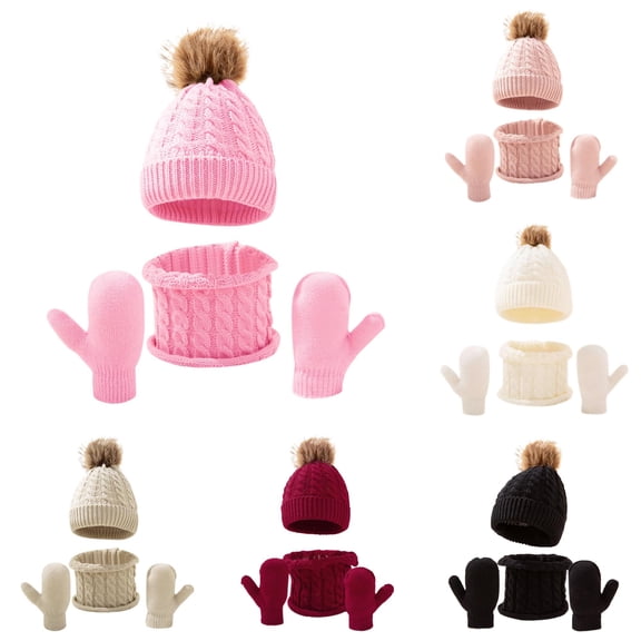 HNMKIU Winter Kids Hat Scarf Set Knit Lined Neck Warmer Mittens For Toddler Boys Girls Pink - One Size