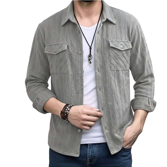 DPTALR Men's Casual Solid Color Turndown Collar Long Sleeve Shirt with Pockets,Gray,Big and Tall Men XL