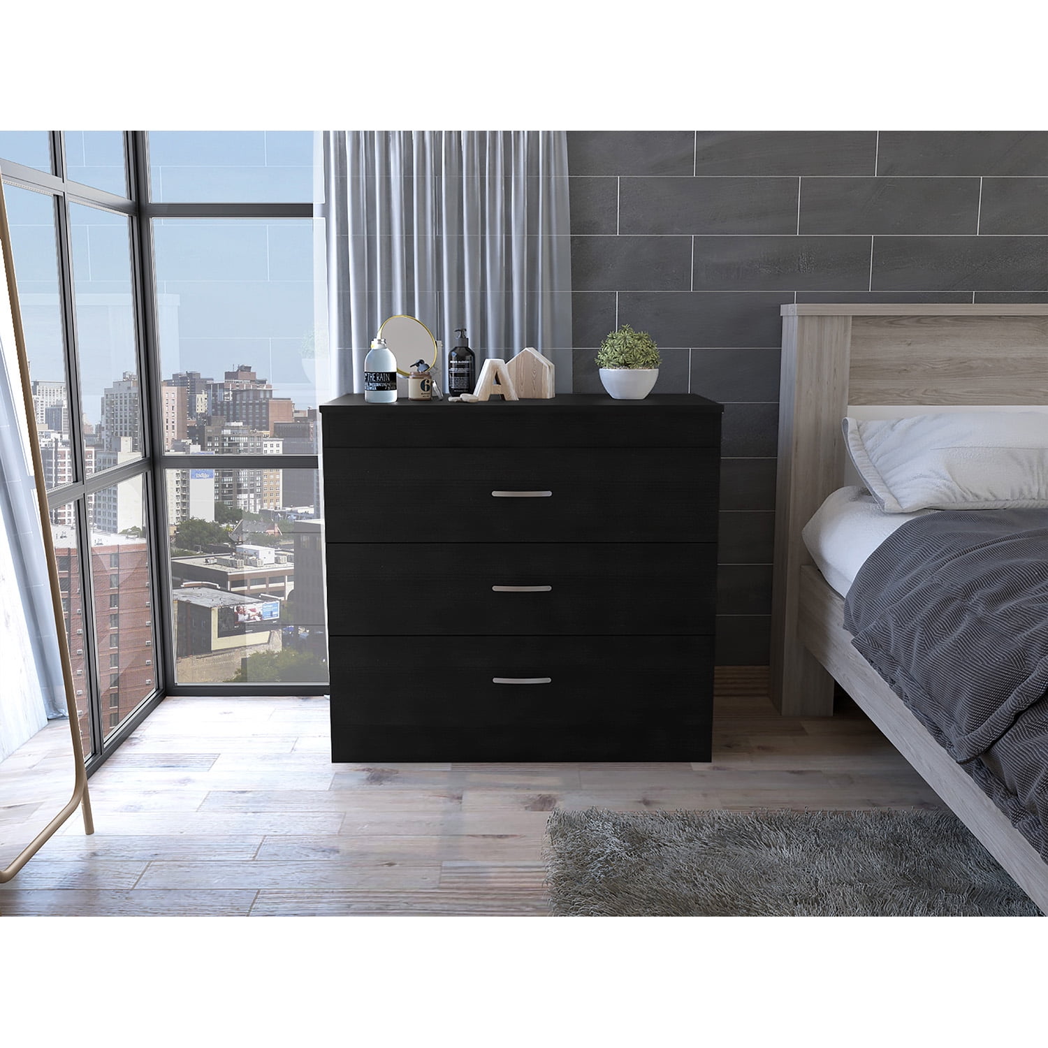 Kadyn Three Drawer Dresser, Chest of Drawers with Metal Hardware, Storage Cabinet for Bedroom, Black Nightstand Kadyn Three Drawer Dresser, Chest of Drawers with Metal Hardware, Storage Cabinet for Bedroom, Black Nightstand