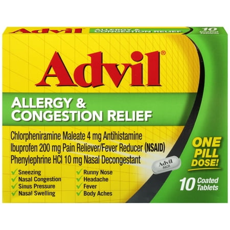 Advil Allergy & Congestion Relief (10 Count) Pain Reliever / Fever Reducer Coated Tablet, 200mg Ibuprofen, Sneezing, Nasal Decongestant, Sinus